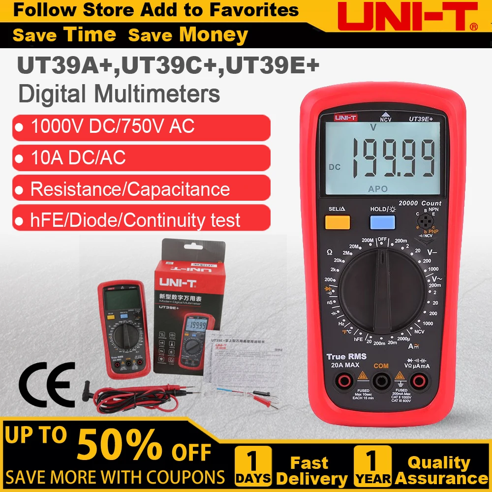 UNI-T UT39E+ Digital Multimeter 20000 Counts True RMS Professional Expert Meter 10GΩ Conductance 1000V CAT III Safety
UNI-T UT39E+ Digital Multimeter 20000 Counts True RMS Professional Expert Meter 10GΩ Conductance 1000V CAT III Safety