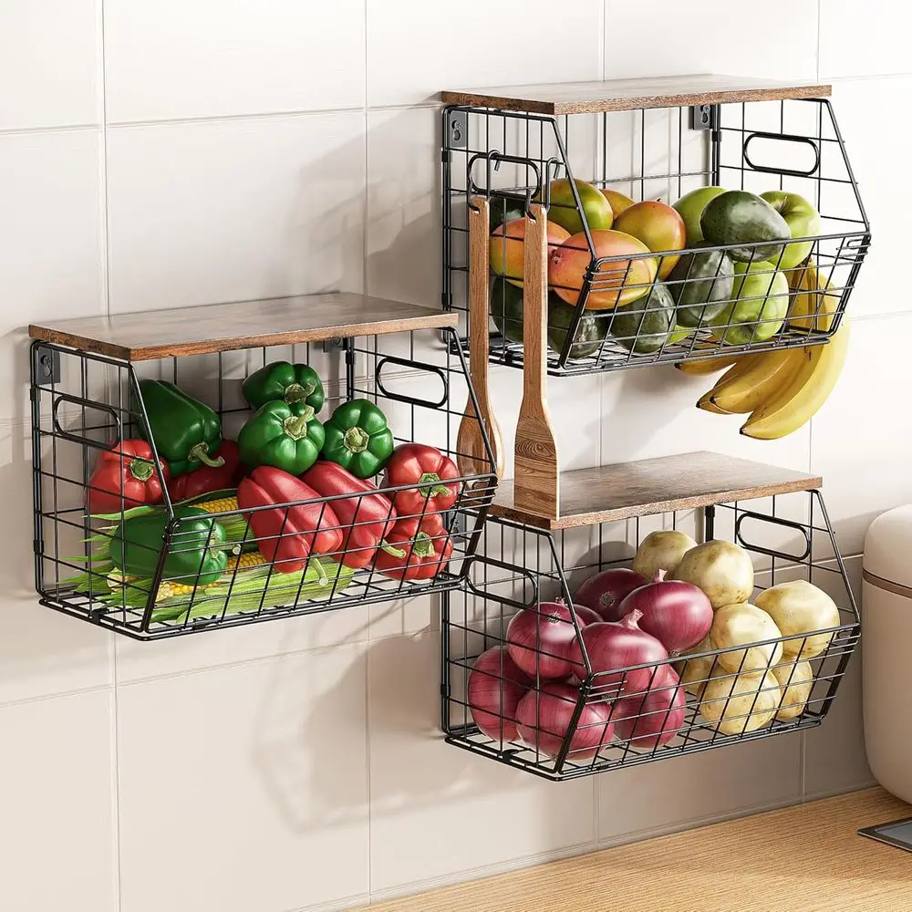 Stackable Metal Fruit Basket Set with Wooden Lid, Wall-Mounted Kitchen Organizer for Fruits, Vegetables, Spices, and More in Bla
Stackable Metal Fruit Basket Set with Wooden Lid, Wall-Mounted Kitchen Organizer for Fruits, Vegetables, Spices, and More in Bla
