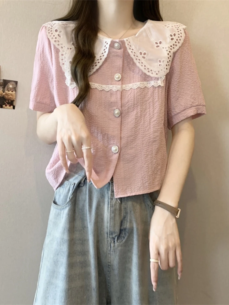 Cute Collar Short Sleeve Shirt Women's Summer plus Size Flattering Belly Covering Trendy Top Korean Style Straight Cut Blouse
Cute Collar Short Sleeve Shirt Women's Summer plus Size Flattering Belly Covering Trendy Top Korean Style Straight Cut Blouse