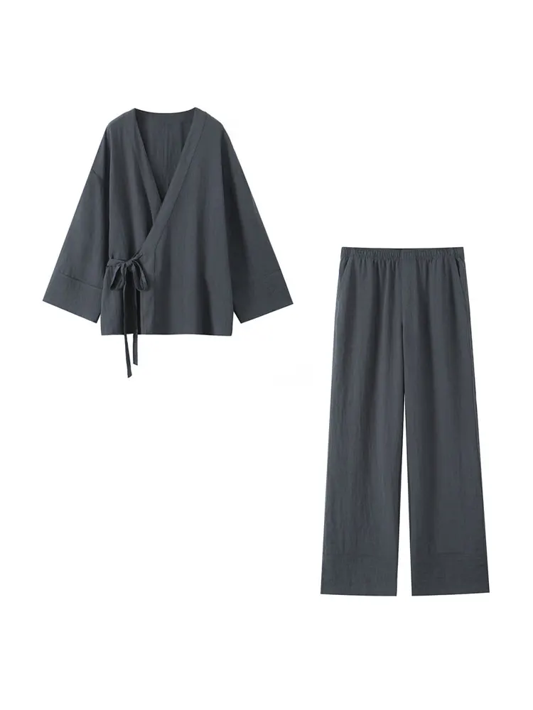 GELITAYIN Women's Fashion Side-Tied Wrap Kimono Blouse Mid-Elastic Waist Flowing Trousers Set Elegant Casual Outfit
GELITAYIN Women's Fashion Side-Tied Wrap Kimono Blouse Mid-Elastic Waist Flowing Trousers Set Elegant Casual Outfit