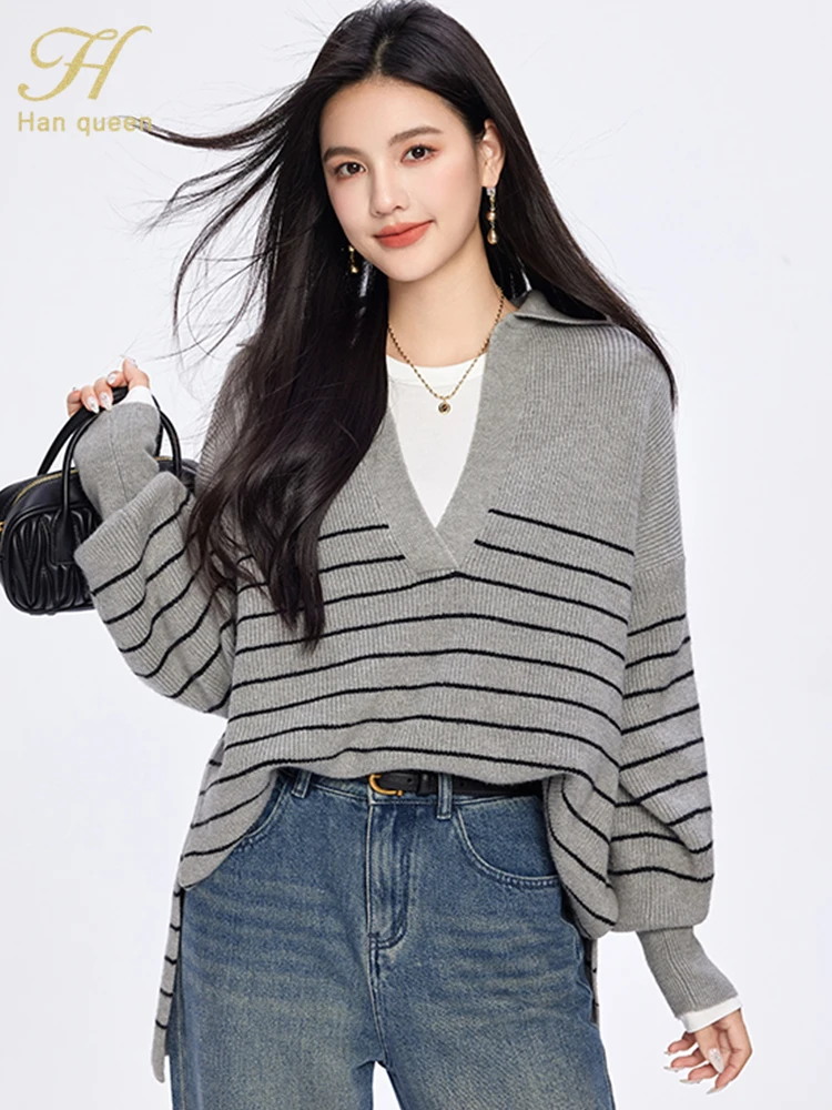 H Han Queen New Stripes Pullovers Sweaters Elegant Simple Silhouette Slouchy Style Women Autumn Winter Long Sleeve Knitwear Top
H Han Queen New Stripes Pullovers Sweaters Elegant Simple Silhouette Slouchy Style Women Autumn Winter Long Sleeve Knitwear Top