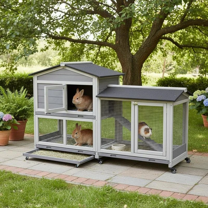 Small Animal Hutch with Wheels, Dwarf Rabbit Hutch, Outdoor Run, Asphalt Roof, Small Animal House, Dwarf Rabbit Run, Two-Story, Fir Wood, Steel, Grey, 157.4 x 53 x 99.5 cm
Small Animal Hutch with Wheels, Dwarf Rabbit Hutch, Outdoor Run, Asphalt Roof, Small Animal House, Dwarf Rabbit Run, Two-Story, Fir Wood, Steel, Grey, 157.4 x 53 x 99.5 cm
