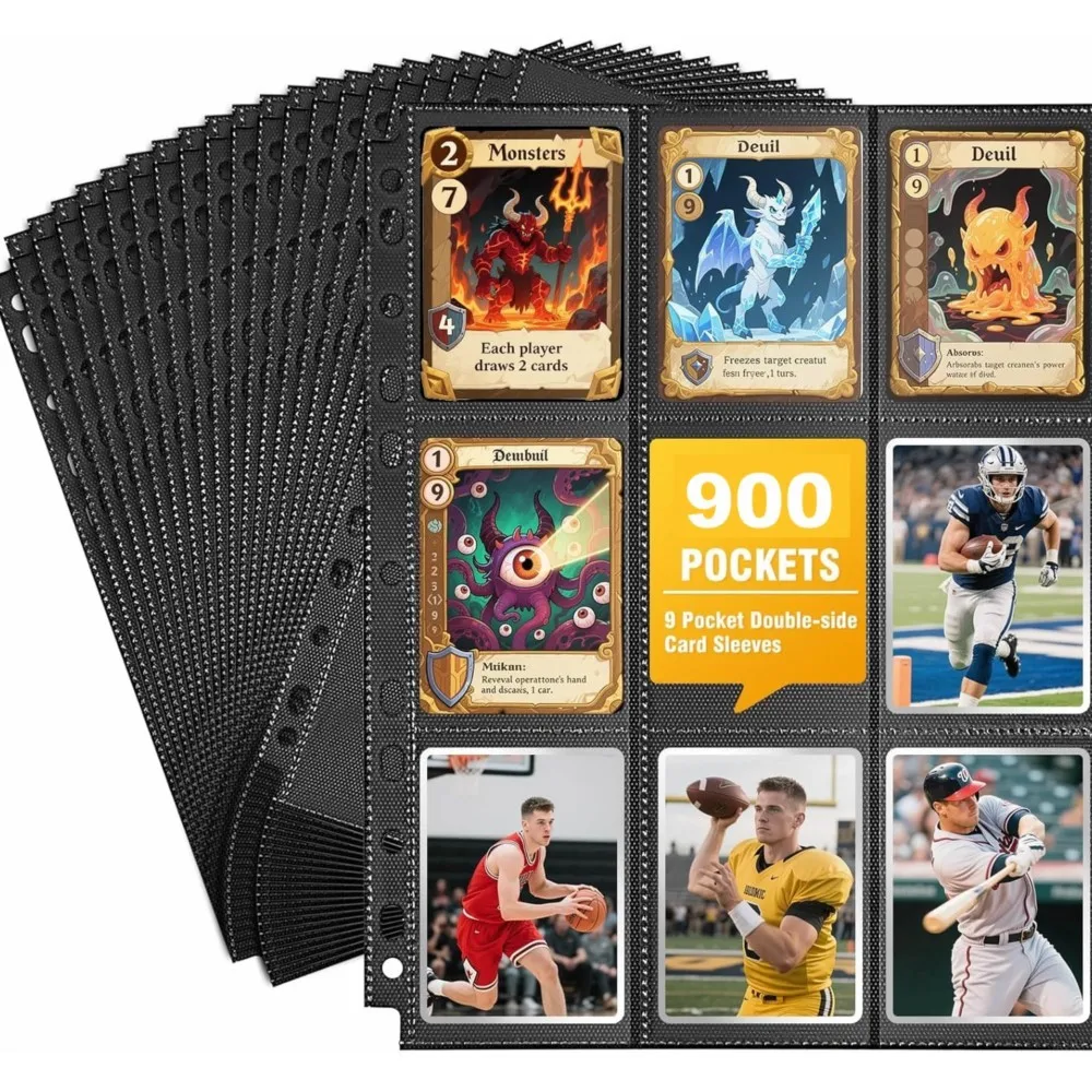 50Pack 900 Pockets Trading Card Binder Sleeves Black Double Sided 9 Pocket Pages Protectors Fit for Sport MTG TCG Game Cards
50Pack 900 Pockets Trading Card Binder Sleeves Black Double Sided 9 Pocket Pages Protectors Fit for Sport MTG TCG Game Cards