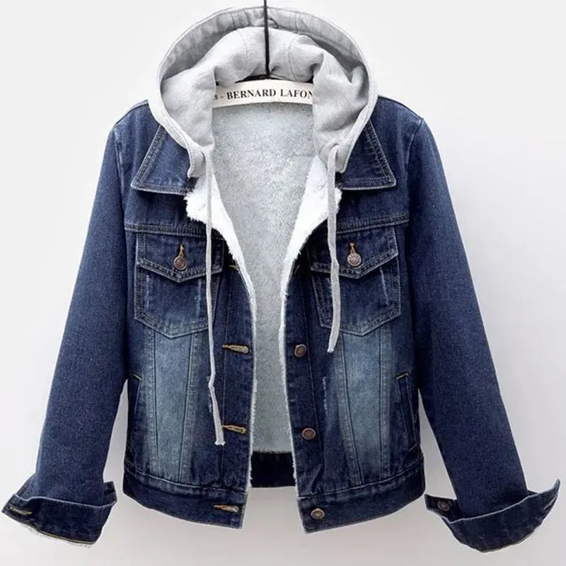 Autumn Winter Women Denim Coats Velvet Warm Thick Hooded Jeans Short Jacket Female Vintage Blue Cowboy Overcoat Outwear 5XL
Autumn Winter Women Denim Coats Velvet Warm Thick Hooded Jeans Short Jacket Female Vintage Blue Cowboy Overcoat Outwear 5XL