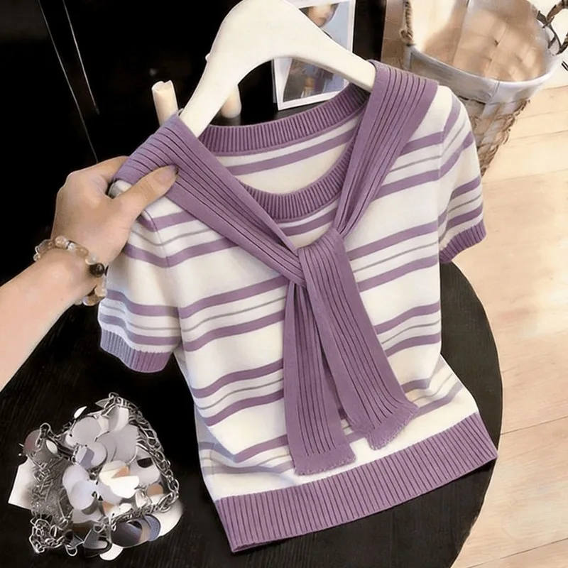 Trend Shawls Stripes Knit T-shirts Women Short-sleeved Knitwear Summer Tops T-shirts Y2k Clothes Sweet Soft Tees
Trend Shawls Stripes Knit T-shirts Women Short-sleeved Knitwear Summer Tops T-shirts Y2k Clothes Sweet Soft Tees