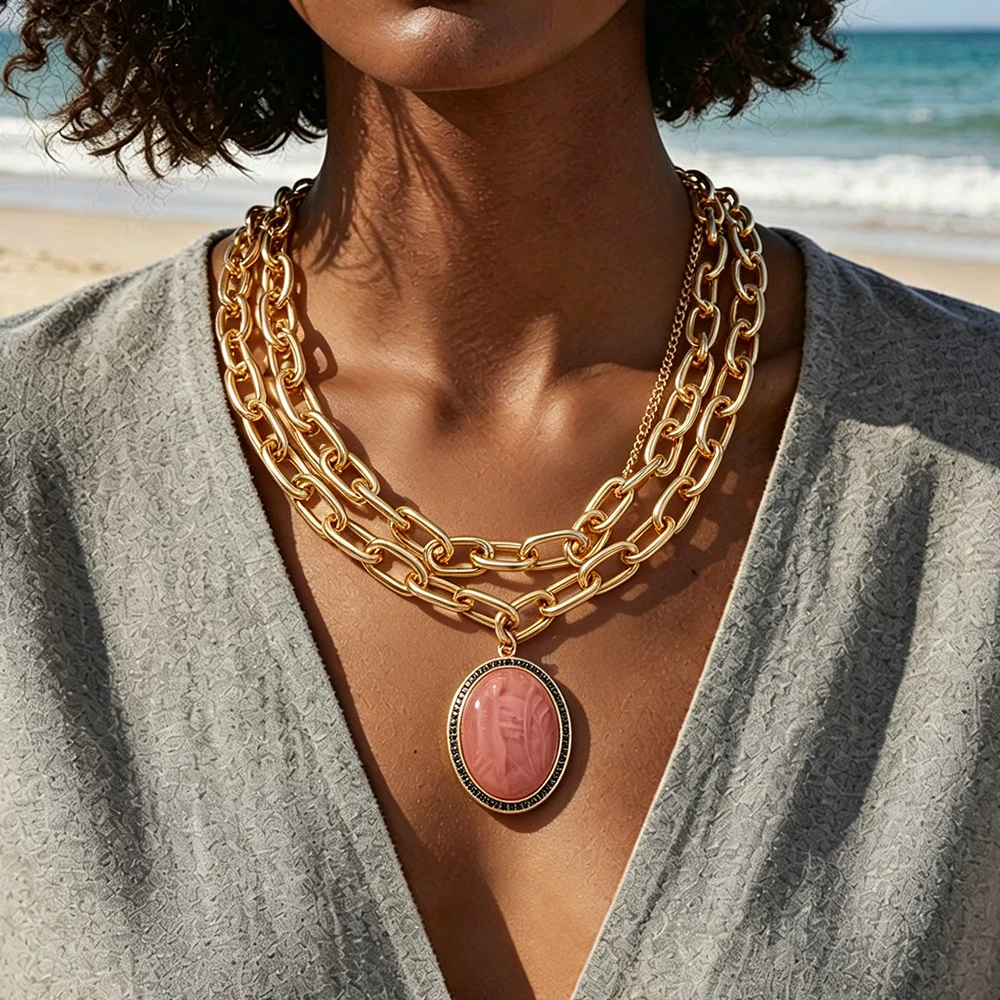 2026 New Fashion Double Layer Metal Chains Oval Pink Resin Pendant Necklaces for Women Holiday Party Jewelry Gifts
2026 New Fashion Double Layer Metal Chains Oval Pink Resin Pendant Necklaces for Women Holiday Party Jewelry Gifts