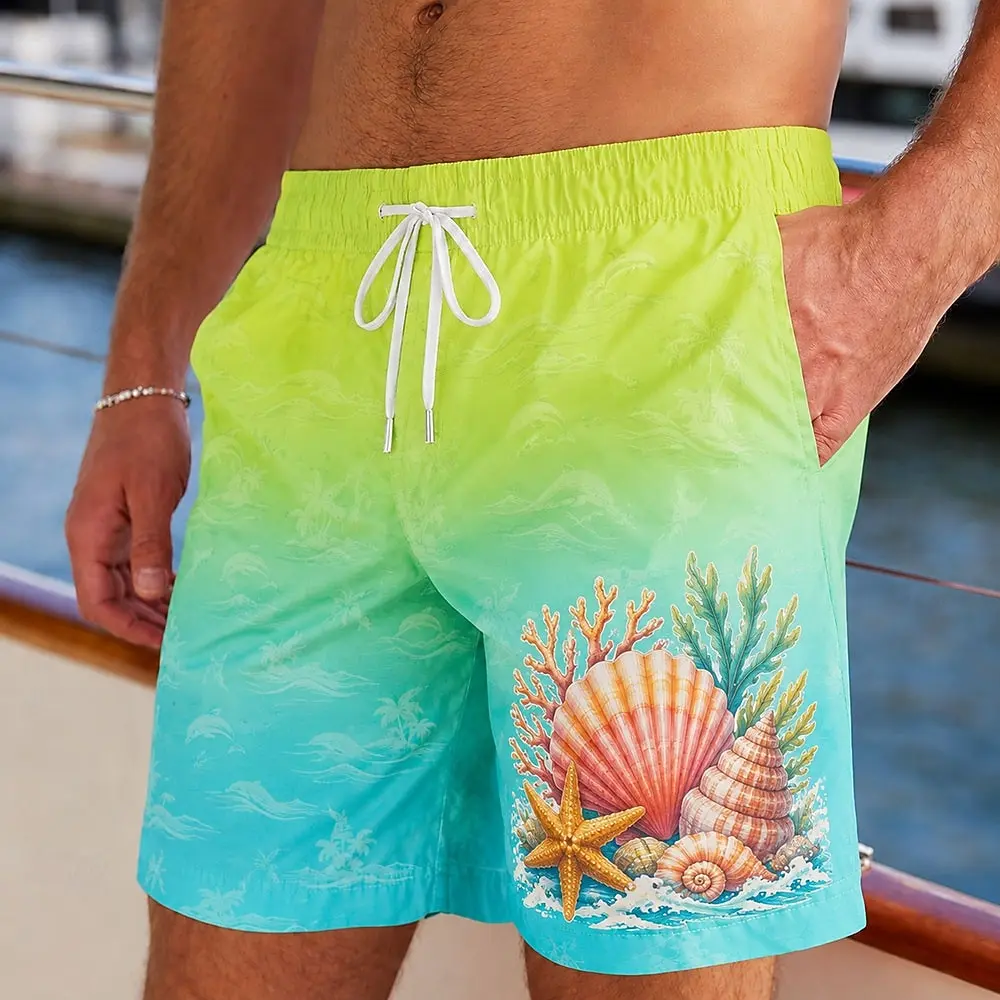 Men's Gradient Green Blue Seashell Print Drawstring Shorts, Casual Loose Fit For Spring Summer Daily Beach Vacation Wear
Men's Gradient Green Blue Seashell Print Drawstring Shorts, Casual Loose Fit For Spring Summer Daily Beach Vacation Wear