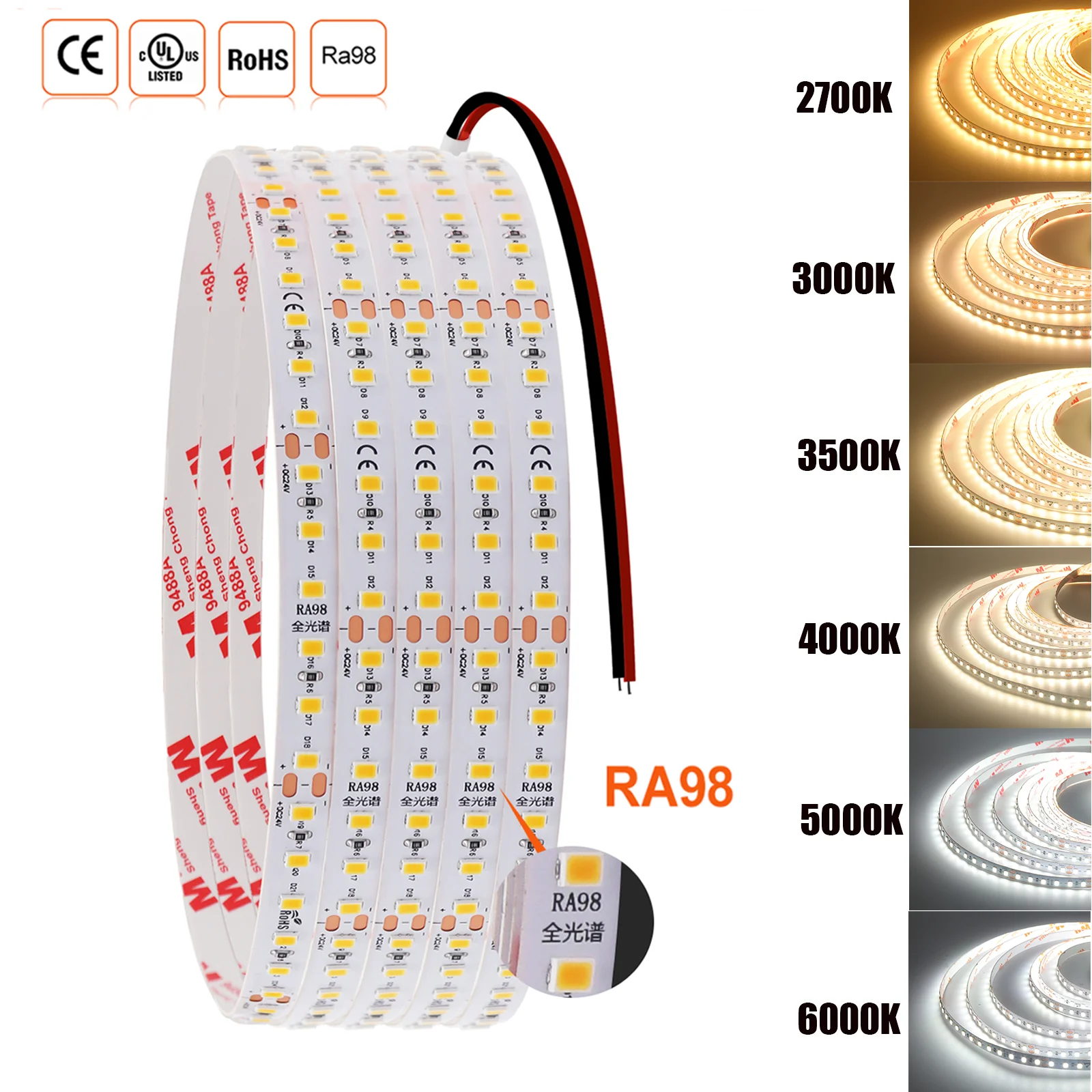 RA98 LED Strip DC 12V 24V SMD 2835 120Leds/M 5M 10M/Roll IP20 2700K 3000K 3500K 4000K 5000K 6000K Flexible Ribbon Tape Light
RA98 LED Strip DC 12V 24V SMD 2835 120Leds/M 5M 10M/Roll IP20 2700K 3000K 3500K 4000K 5000K 6000K Flexible Ribbon Tape Light