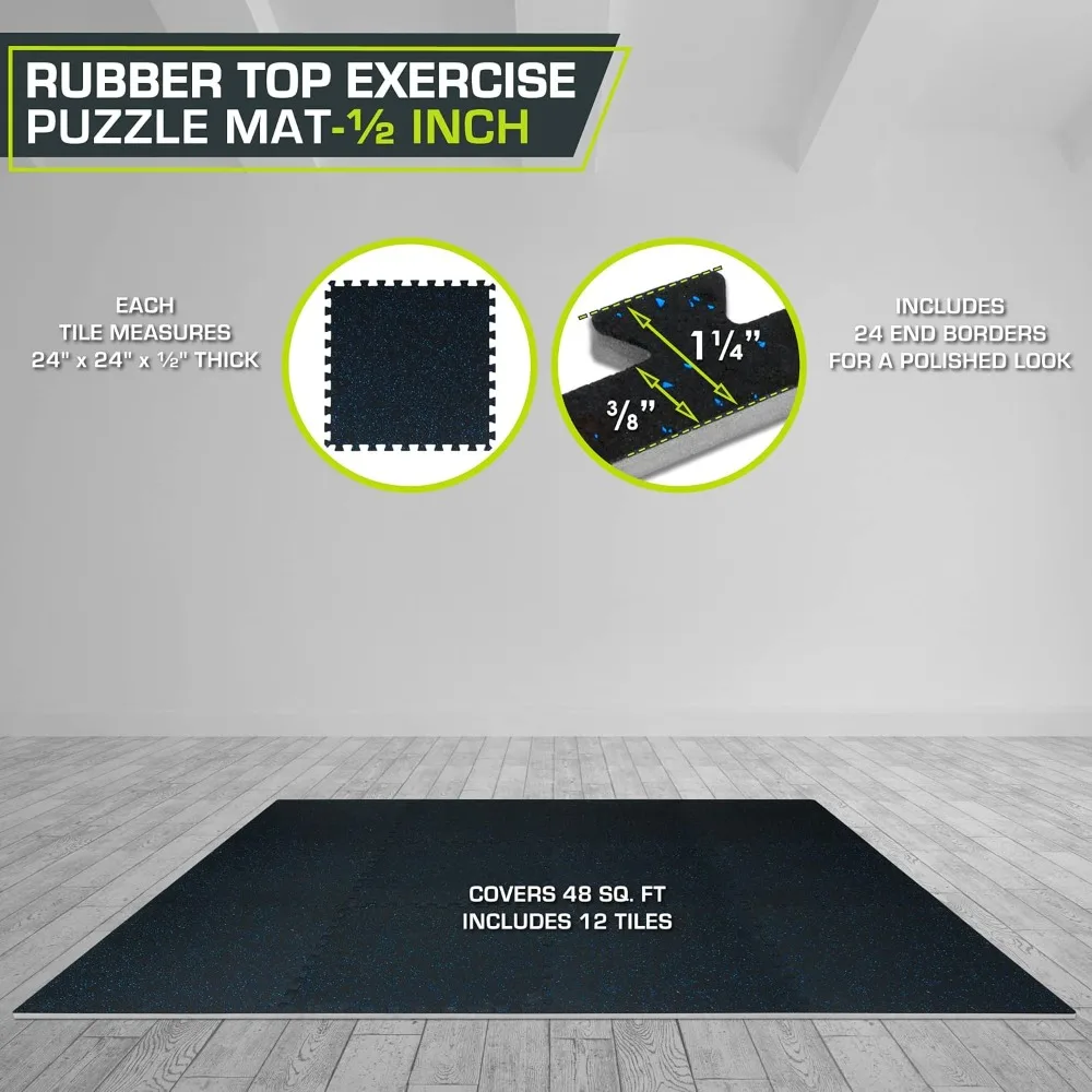 Rubber Top Exercise Puzzle Mat 3/4-inch, 48 SQFT, 12 Tiles, EVA Foam Interlocking Tiles
Rubber Top Exercise Puzzle Mat 3/4-inch, 48 SQFT, 12 Tiles, EVA Foam Interlocking Tiles
