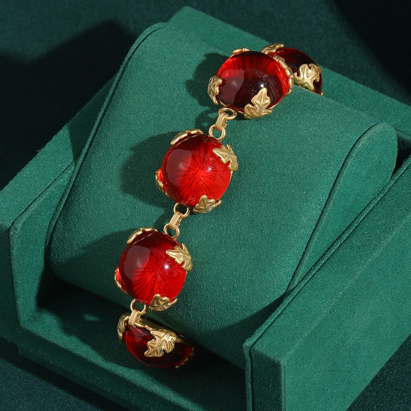 Vintage Round Red Glass Bracelets for Women Transparent Candy Charm Gold Color Leaf Antique Jewelry Gift Girls New Arrival
Vintage Round Red Glass Bracelets for Women Transparent Candy Charm Gold Color Leaf Antique Jewelry Gift Girls New Arrival