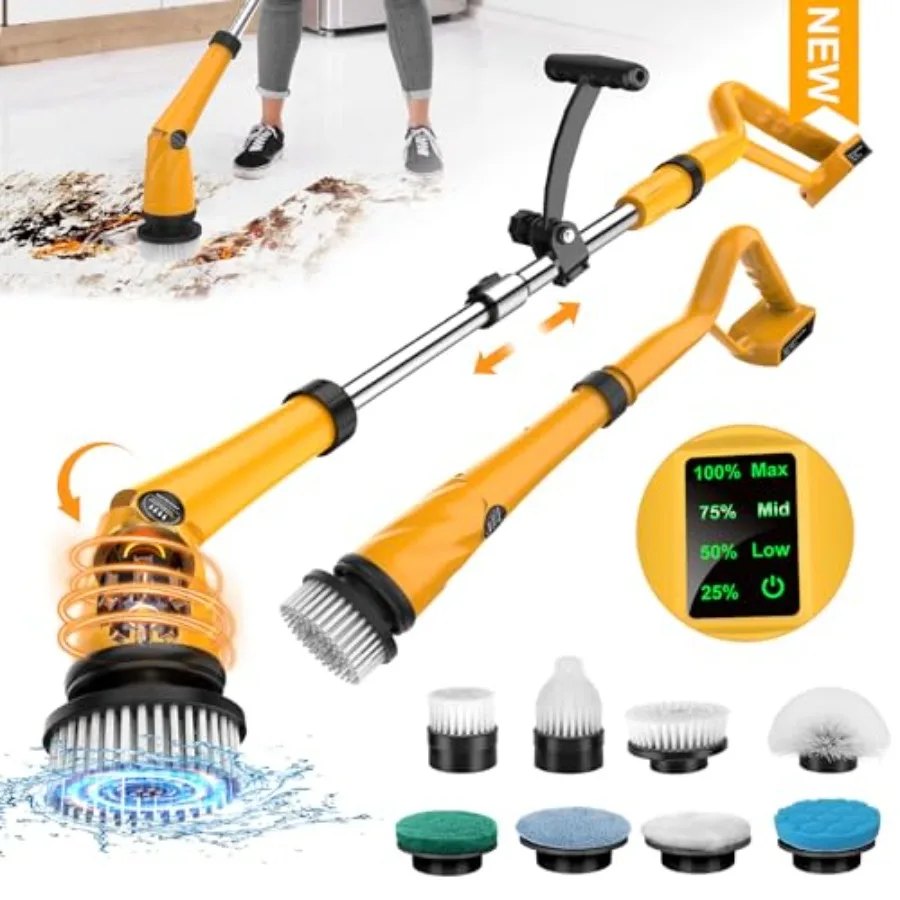 Electric spin scrubber for bathroom, floor, bathtub, toilet, tile cleaning; yellow ABS plastic; 1500 RPM power; long handle wit
Electric spin scrubber for bathroom, floor, bathtub, toilet, tile cleaning; yellow ABS plastic; 1500 RPM power; long handle wit