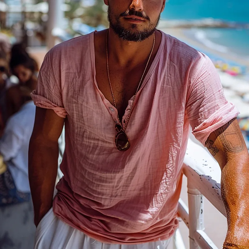 Top for Men New Summer V-neck Shirt Solid Color Button Texture Casual Fashion Mens Shirt
Top for Men New Summer V-neck Shirt Solid Color Button Texture Casual Fashion Mens Shirt