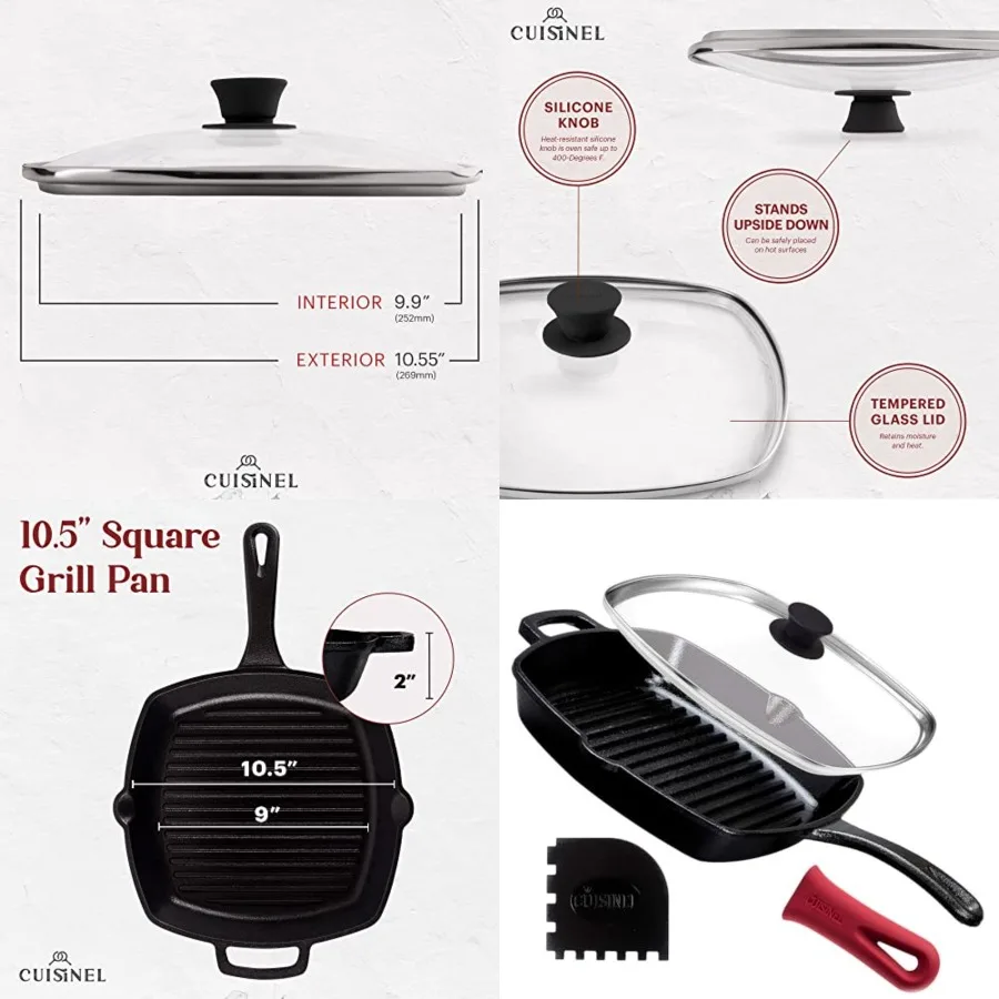 Cast Iron Square Grill Pan + Glass Lid + Pan Scraper + Handle Cover - 10.5 Pre-Seasoned Ridged Skillet - Grill, Stovetop, Fire,
Cast Iron Square Grill Pan + Glass Lid + Pan Scraper + Handle Cover - 10.5 Pre-Seasoned Ridged Skillet - Grill, Stovetop, Fire,