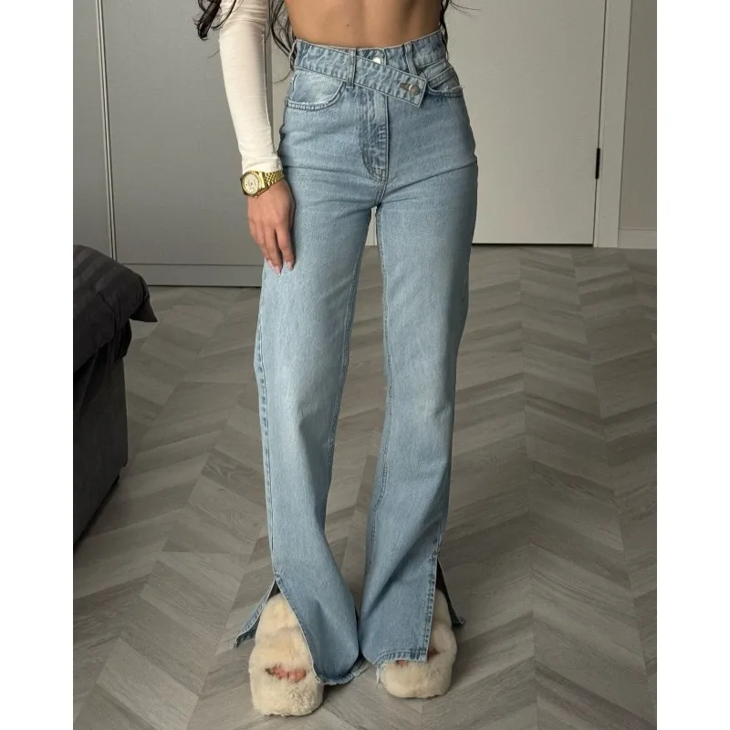 Autumn Dislocation Design High Waist Split Jeans Straight Trousers
Autumn Dislocation Design High Waist Split Jeans Straight Trousers