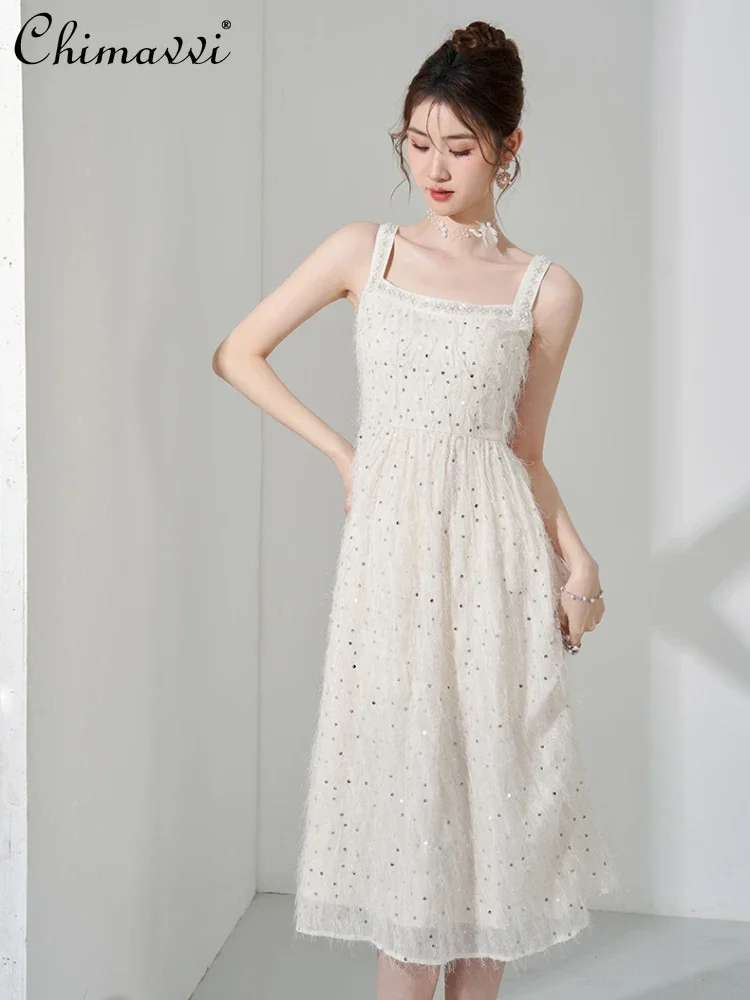 French Elegant Fairy Style Sequins Beaded Tassel Sleeveless Backless High Waist Slim A-line Temperament White Long Dress Women
French Elegant Fairy Style Sequins Beaded Tassel Sleeveless Backless High Waist Slim A-line Temperament White Long Dress Women