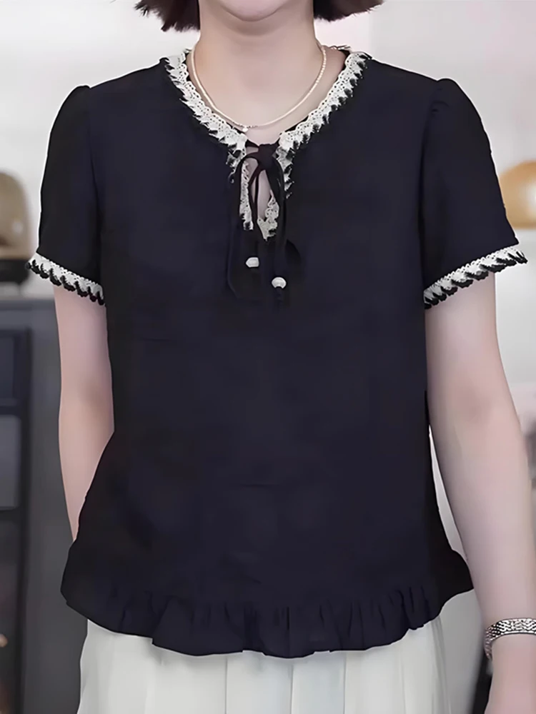 Retro V-Neck Tie-Detail Short Sleeve Shirt Women's Fashionable Slimming Versatile Top Casual Style Loose Fit Breathable
Retro V-Neck Tie-Detail Short Sleeve Shirt Women's Fashionable Slimming Versatile Top Casual Style Loose Fit Breathable