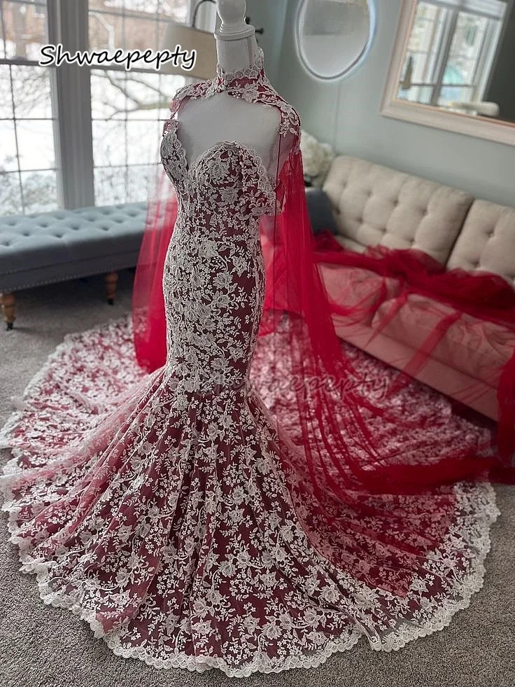 Vintage Lace Mermaid Wedding Dress With Long Wrap Dark Red And Champagne Retro Bridal Gown Customized 2025 Vestido De Novia
Vintage Lace Mermaid Wedding Dress With Long Wrap Dark Red And Champagne Retro Bridal Gown Customized 2025 Vestido De Novia