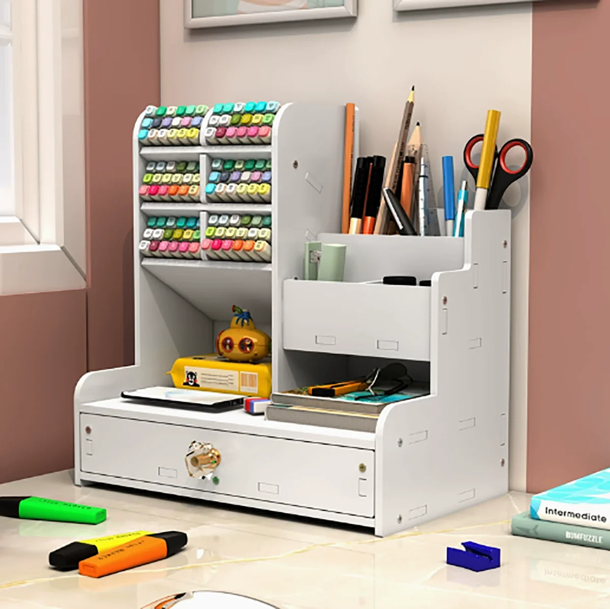 White Step Design Desk Organizer with Golden Pull Drawer, Multi-Compartment Pen Holder, Desktop Storage Caddy for Stationery Mak
White Step Design Desk Organizer with Golden Pull Drawer, Multi-Compartment Pen Holder, Desktop Storage Caddy for Stationery Mak