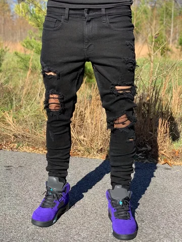 Men's Black Distressed Ripped Skinny Jeans - Hip Hop Streetwear Fashion Pants