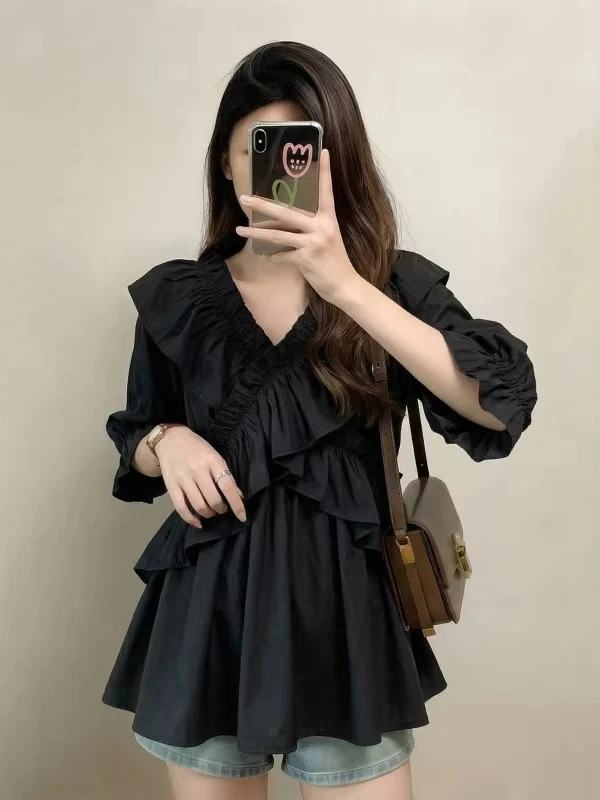 Elegant Black Ruffle Hem V-Neck Short Sleeve Shirt Women's plus Size Mid-Length Top Korean Style Commute Fashion 2026 Summer New
Elegant Black Ruffle Hem V-Neck Short Sleeve Shirt Women's plus Size Mid-Length Top Korean Style Commute Fashion 2026 Summer New