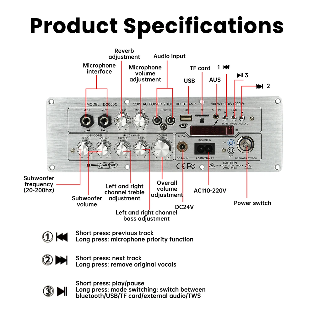 DC 24V/AC110-200V D2000 Bluetooth 5.1 Amplifier Board 2.1 Channel 100W+100W+200W High-Power Output AUX/FM/USB/TF Card Input
DC 24V/AC110-200V D2000 Bluetooth 5.1 Amplifier Board 2.1 Channel 100W+100W+200W High-Power Output AUX/FM/USB/TF Card Input