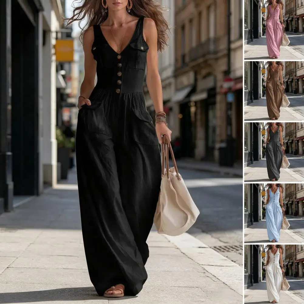 Women Summer Jumpsuits Sleeveless V Neck Button Down Overalls Casual Loose Wide Leg Rompers Multiple Pockets Beach Streetwear
Women Summer Jumpsuits Sleeveless V Neck Button Down Overalls Casual Loose Wide Leg Rompers Multiple Pockets Beach Streetwear