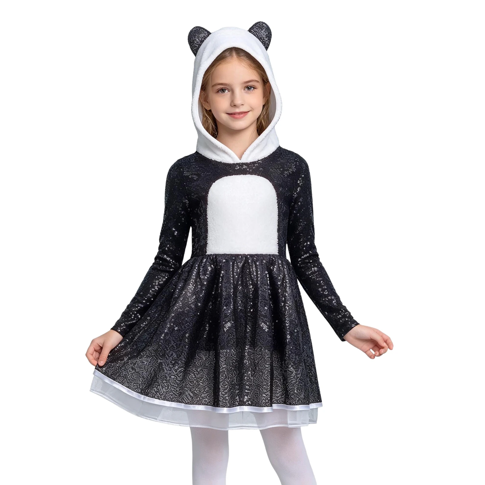 Girls Sequins Panda Cosplay Dress Long Sleeve Patchwork Design Side Invisible Zipper Hooded Roleplay Dress for Party Performance
Girls Sequins Panda Cosplay Dress Long Sleeve Patchwork Design Side Invisible Zipper Hooded Roleplay Dress for Party Performance