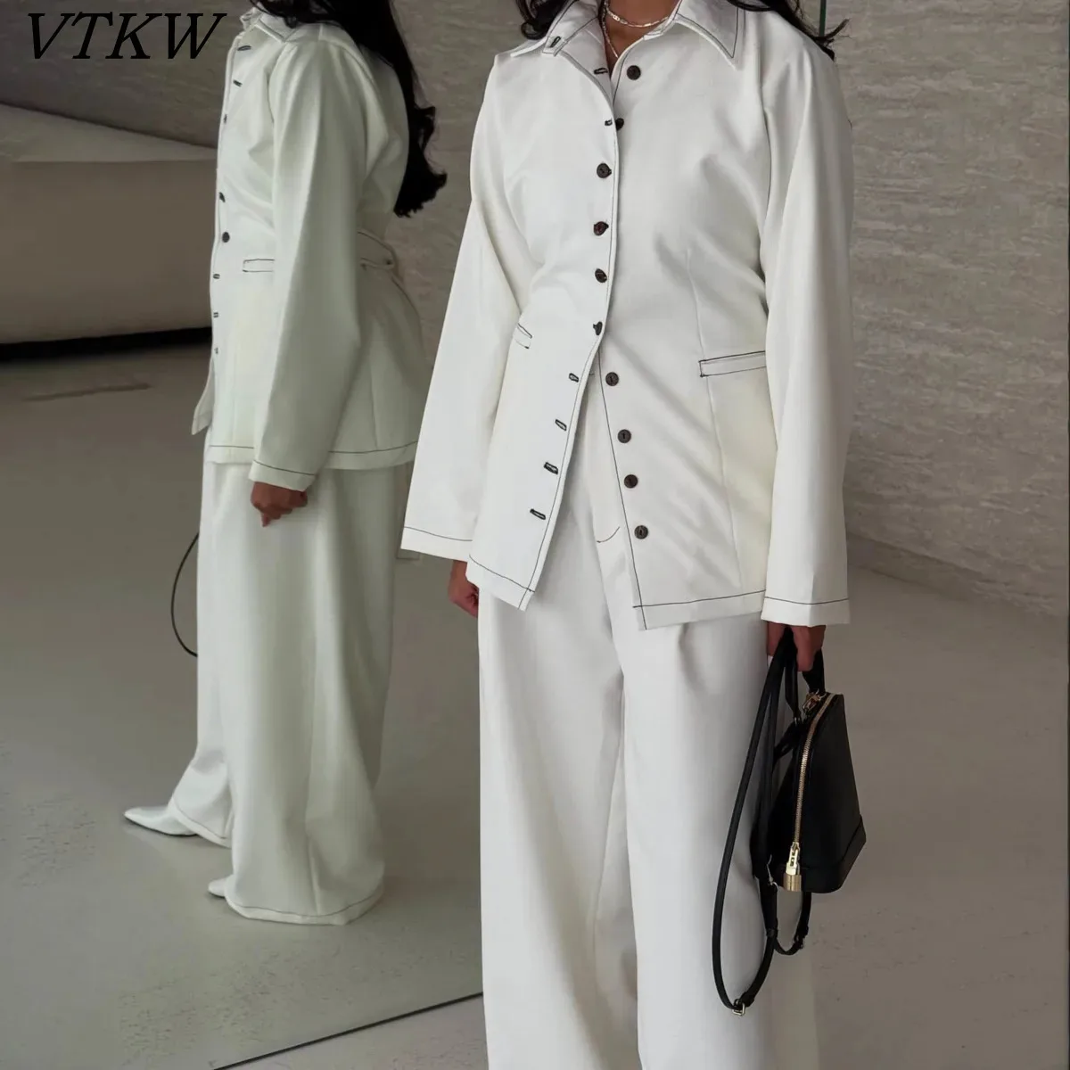 VTKW Woman's Shirt Solid-color Collar Single-button Design - 2025 Spring New Style High-quality Loose Long Pants Two-piece Set
VTKW Woman's Shirt Solid-color Collar Single-button Design - 2025 Spring New Style High-quality Loose Long Pants Two-piece Set