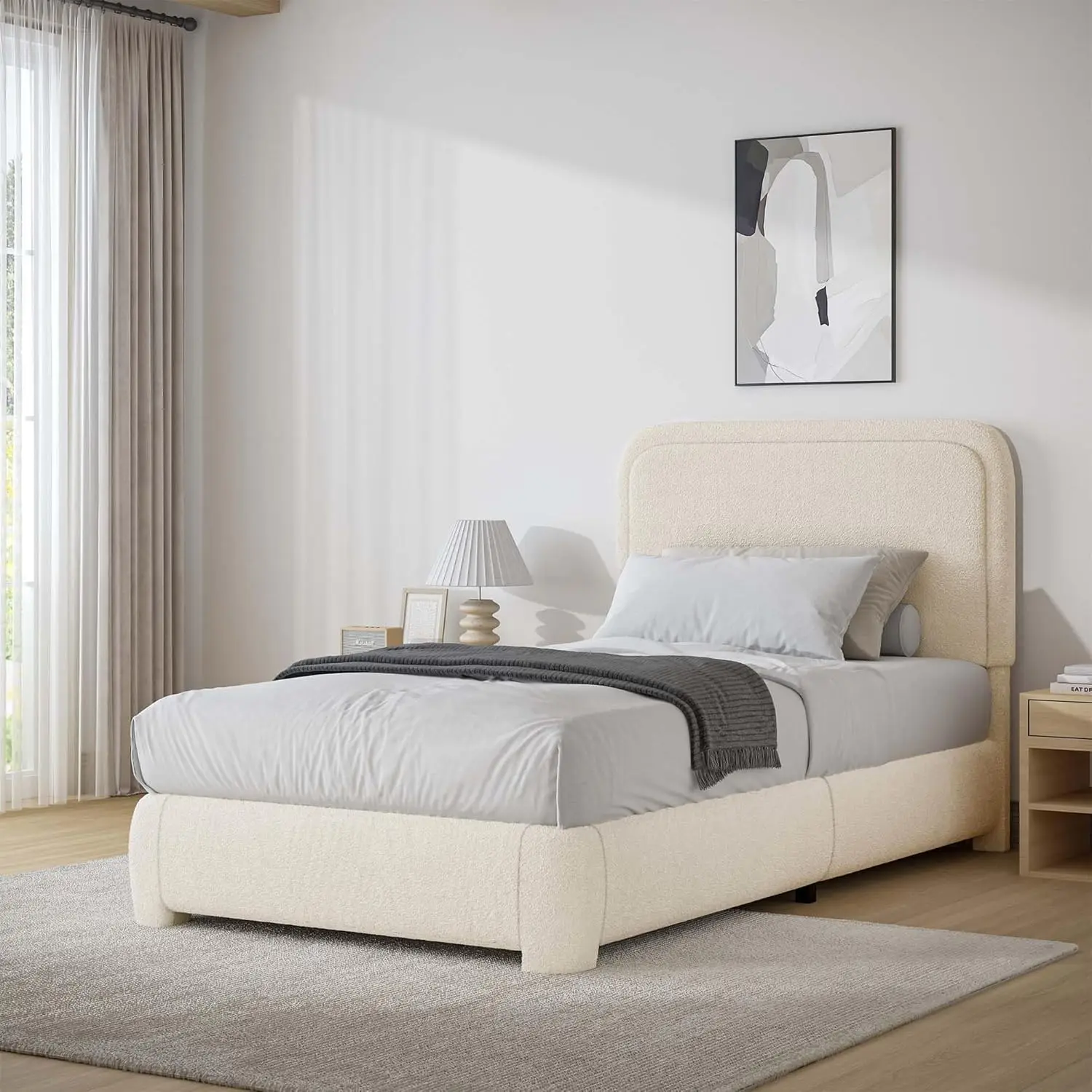 Bed Frame,Cloud Boucle Upholstered Platform Bed Frame with Headboard, Modern Style, Soft Rounded Corners
Bed Frame,Cloud Boucle Upholstered Platform Bed Frame with Headboard, Modern Style, Soft Rounded Corners