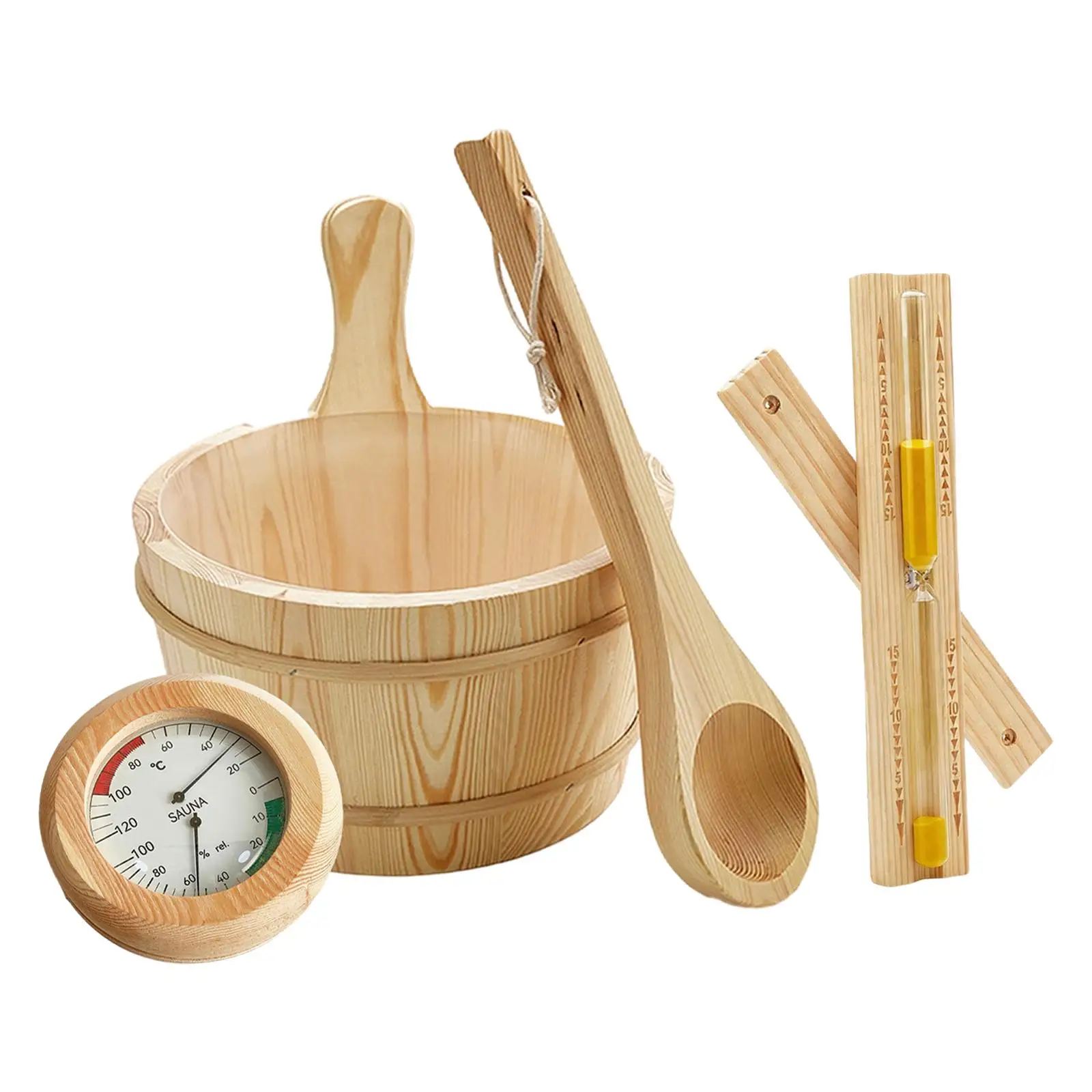 Sauna Accessories Set Wood Bucket 4L Capacity Durability Ladle Hourglass Thermometer for Steam Room
Sauna Accessories Set Wood Bucket 4L Capacity Durability Ladle Hourglass Thermometer for Steam Room