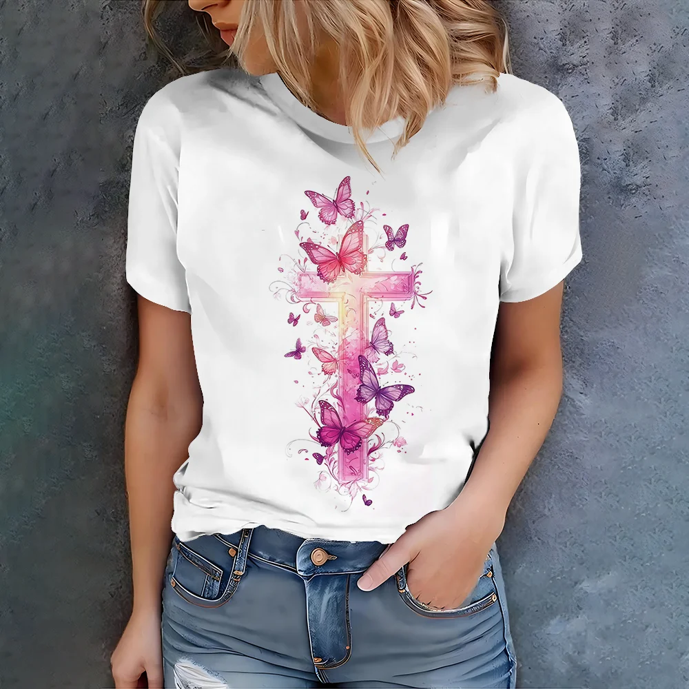 Soft and romantic pink gradient cross paired with colorful butterfly pattern daily casual women's summer short sleeved T-shirt
Soft and romantic pink gradient cross paired with colorful butterfly pattern daily casual women's summer short sleeved T-shirt