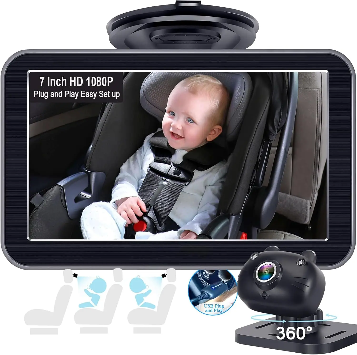 Baby Car Camera 7-Inch HD 1080P, 360° Rotating Rear Facing Camera for Two Kids, Easy USB Plug and Play Setup with Night Vision