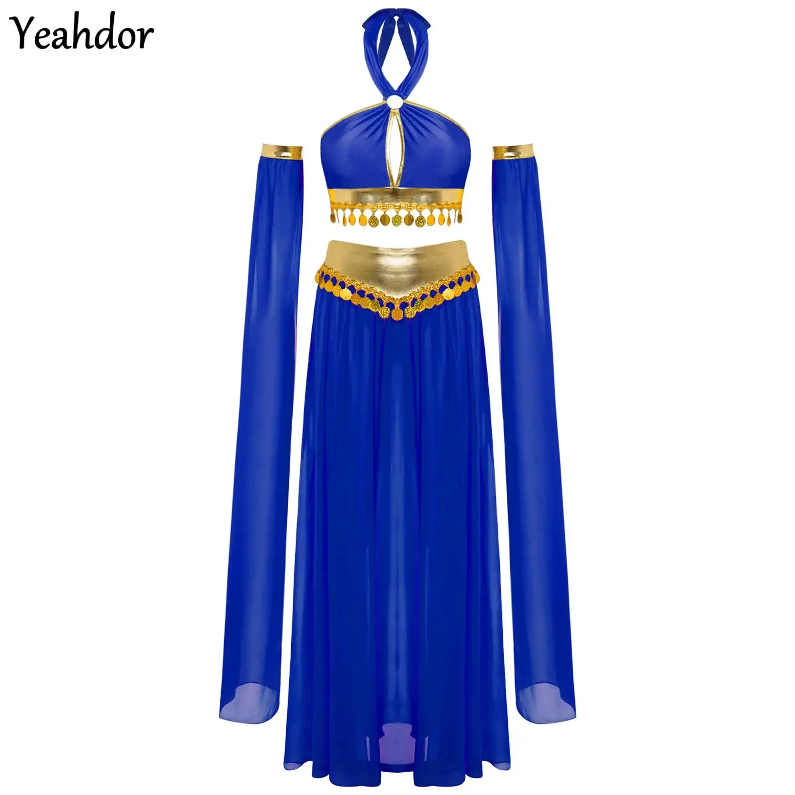 Women Ancient Rome Egyptian Halter Crop Top with Split Chiffon Skirt Sleeves Belly Dance Set Halloween Cleopatra Cosplay Costume
Women Ancient Rome Egyptian Halter Crop Top with Split Chiffon Skirt Sleeves Belly Dance Set Halloween Cleopatra Cosplay Costume