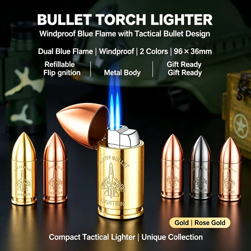 New Decorative Bullet Sculpture Double Jet Torch Lighter Windproof Metal Butane Refillable Collectible Desk Ornament for Men
New Decorative Bullet Sculpture Double Jet Torch Lighter Windproof Metal Butane Refillable Collectible Desk Ornament for Men