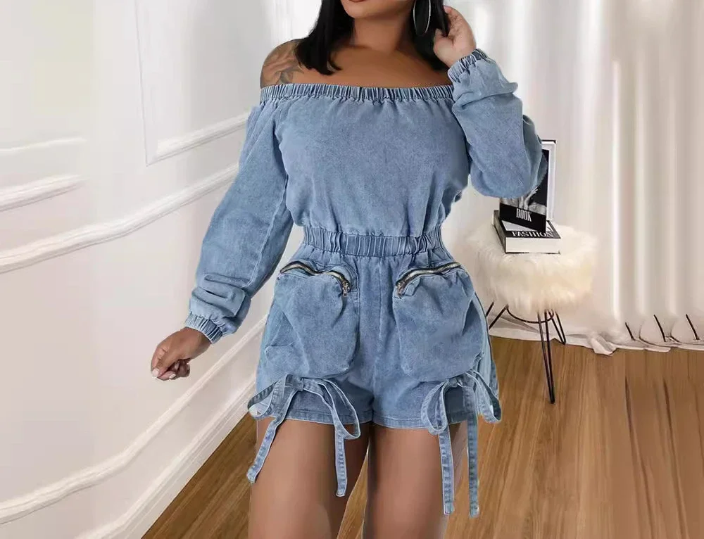 Denim Jumpsuit Womens Clothing Pocket Sexy Chest Hugging Elastic Waist Long Sleeves Conjoined Body Shorts for Female Streetwear
Denim Jumpsuit Womens Clothing Pocket Sexy Chest Hugging Elastic Waist Long Sleeves Conjoined Body Shorts for Female Streetwear