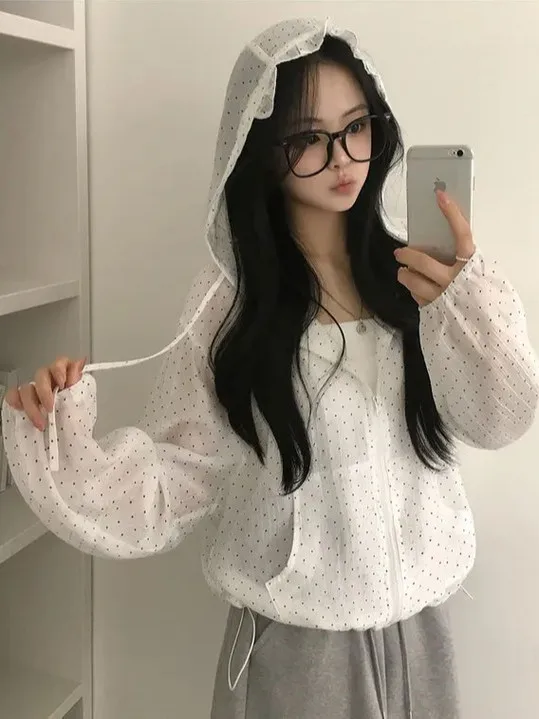 Summer Anti-Uv Loose Casual Long Sve Hooded Dot Pattern Women's Outerwear Thin Design Sense Faionable Top irt
Summer Anti-Uv Loose Casual Long Sve Hooded Dot Pattern Women's Outerwear Thin Design Sense Faionable Top irt
