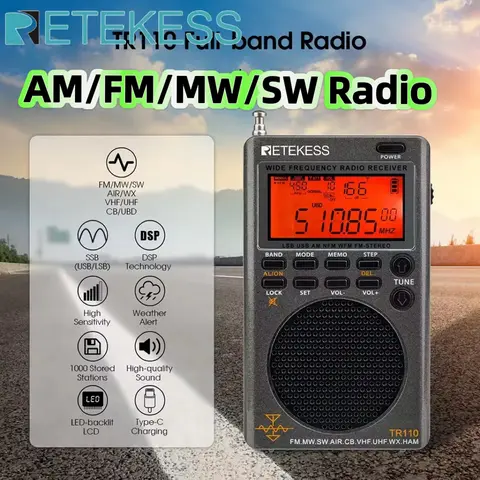 Retekess TR110 Portable SSB Shortwave Radio FM MW SW LSB AIR CB VHF UHF Full Band NOAA Alert Digital Radio Receiver for Outdoor