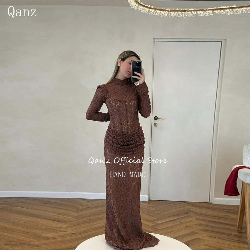 Qanz Brown Lace Appliques Prom Dresses Mermaid Long Sleeves Evening Gowns High Neck Vestidos De Fiesta Elegantes Customized
Qanz Brown Lace Appliques Prom Dresses Mermaid Long Sleeves Evening Gowns High Neck Vestidos De Fiesta Elegantes Customized