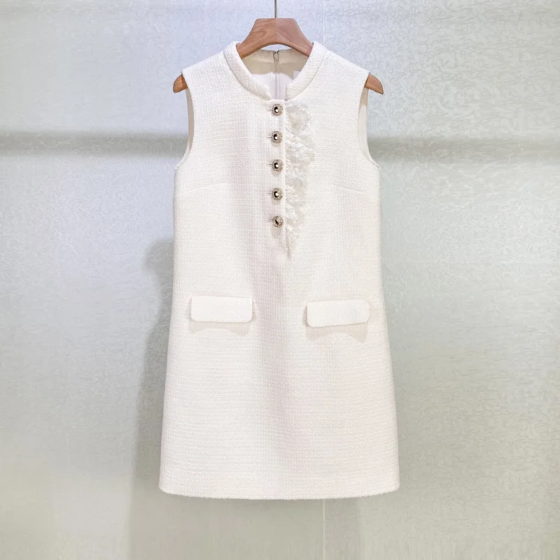 White Sleeveless Tweed Dress Women Elegant Stand Collar Lace Button Pocket Mini Dress Office Lady Casual Party Vestido 2026
White Sleeveless Tweed Dress Women Elegant Stand Collar Lace Button Pocket Mini Dress Office Lady Casual Party Vestido 2026