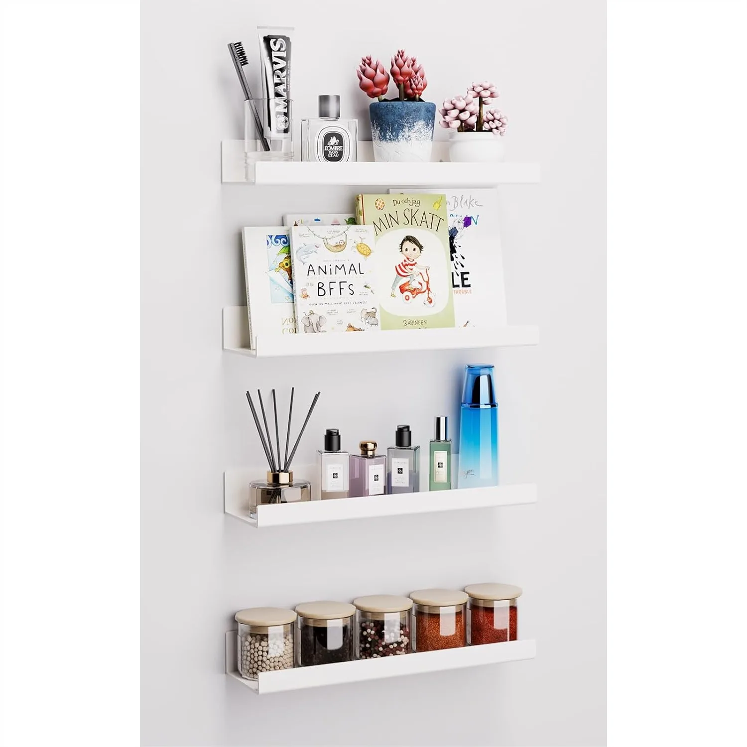 4 Pack Acrylic Shelves for Wall Storage, Self-Adhesive 15" White Floating Shelf for Pop Figures, Picture, Perfume, Books
4 Pack Acrylic Shelves for Wall Storage, Self-Adhesive 15" White Floating Shelf for Pop Figures, Picture, Perfume, Books