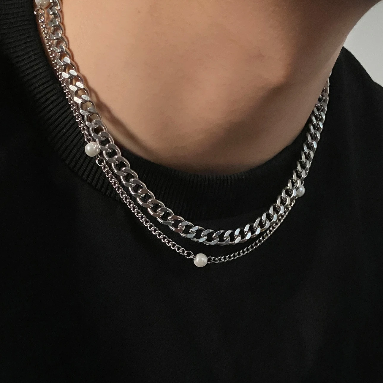Cool Double Layer Cuban Chain Choker Necklace for Men and Women, Stainless Steel Pearl Beaded Layered Necklace Hip Hop Jewelry
Cool Double Layer Cuban Chain Choker Necklace for Men and Women, Stainless Steel Pearl Beaded Layered Necklace Hip Hop Jewelry