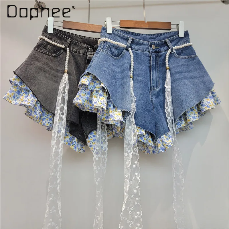 Blue Floral Splicing Fake Two-piece Denim Shorts for Women's 2026 Summer New Sweet High-waisted Shorts with Belt
Blue Floral Splicing Fake Two-piece Denim Shorts for Women's 2026 Summer New Sweet High-waisted Shorts with Belt