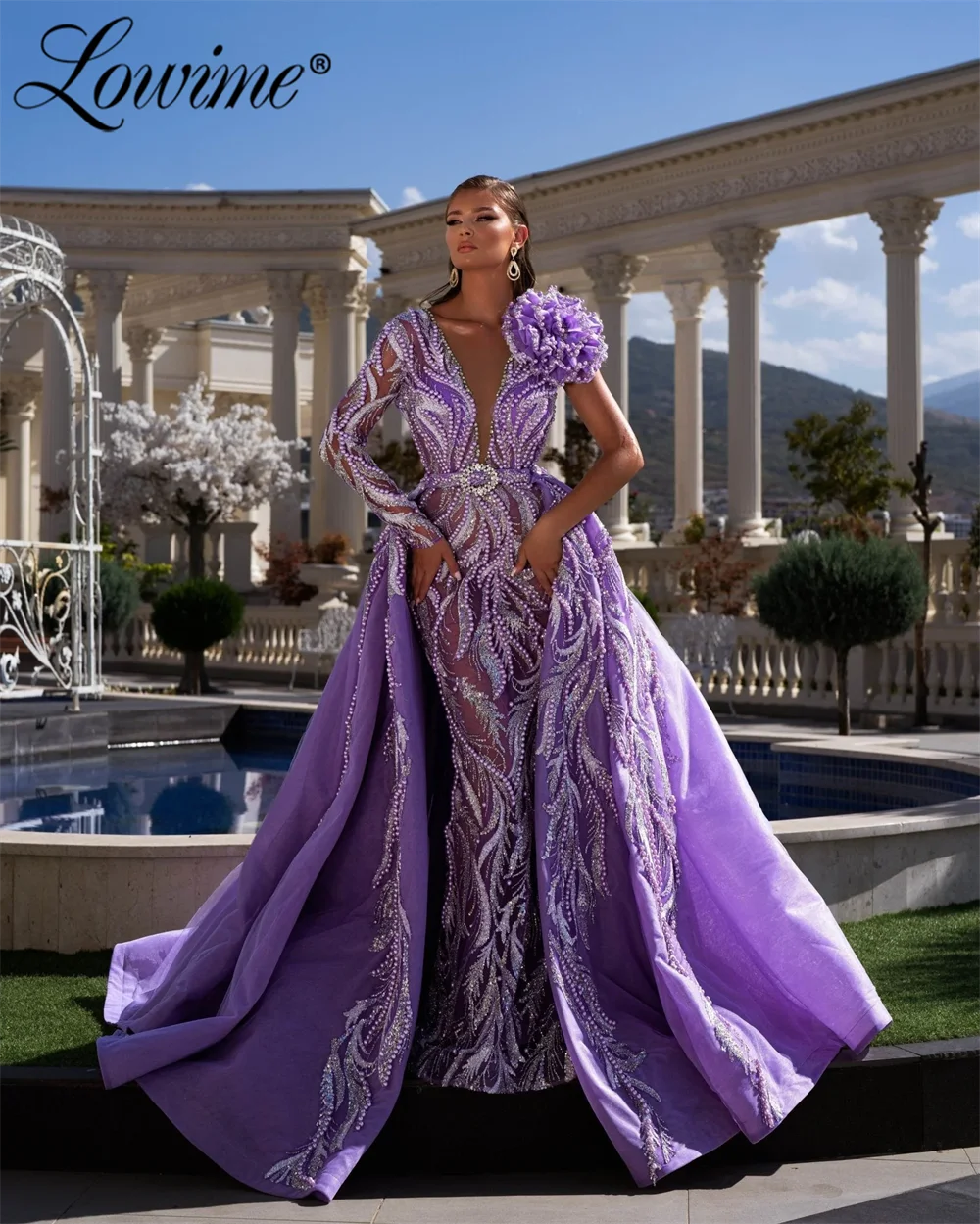 2026 Elegant Purple Prom Dresses With Detachable Overskirt Long Sleeve Formal Women's Evening Gown Deep V Neck Pearls Customized
2026 Elegant Purple Prom Dresses With Detachable Overskirt Long Sleeve Formal Women's Evening Gown Deep V Neck Pearls Customized