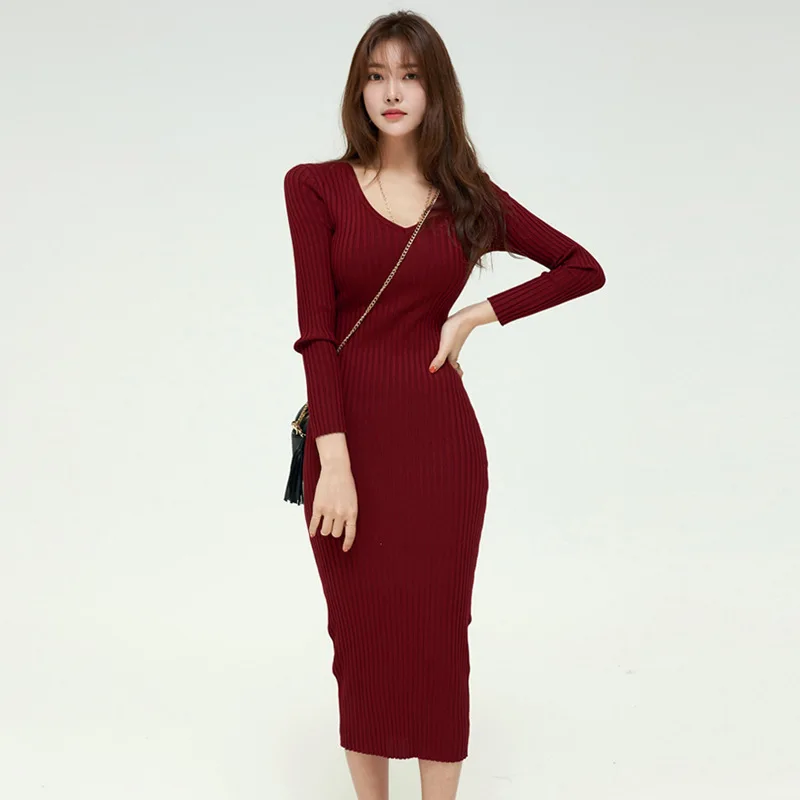 Sexy V-neck Bottomed Long Sleeve Knitted Dress Autumn Winter Women Sexy Elegant Office Ladies Work Bodycon Simple Long Dress
Sexy V-neck Bottomed Long Sleeve Knitted Dress Autumn Winter Women Sexy Elegant Office Ladies Work Bodycon Simple Long Dress