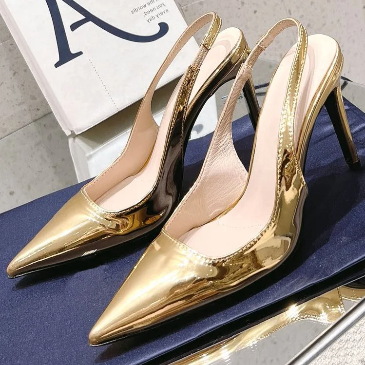 Lacquer leather Pointed Toe Gold Black High Heels Pumps Women Slingback Stiletto Heel Slip On Shallow Party Dress Sandals
Lacquer leather Pointed Toe Gold Black High Heels Pumps Women Slingback Stiletto Heel Slip On Shallow Party Dress Sandals