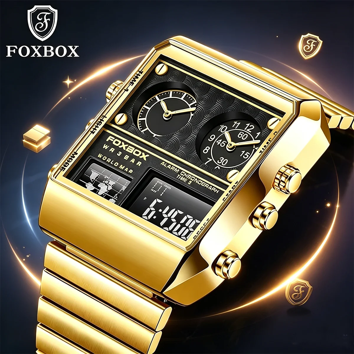 FOXBOX 2026 Square Luxury Fashion Men Watches Gold Stainless Steel Sports Digital Analog Big Quartz Watch for Man Reloj Hombre
FOXBOX 2026 Square Luxury Fashion Men Watches Gold Stainless Steel Sports Digital Analog Big Quartz Watch for Man Reloj Hombre