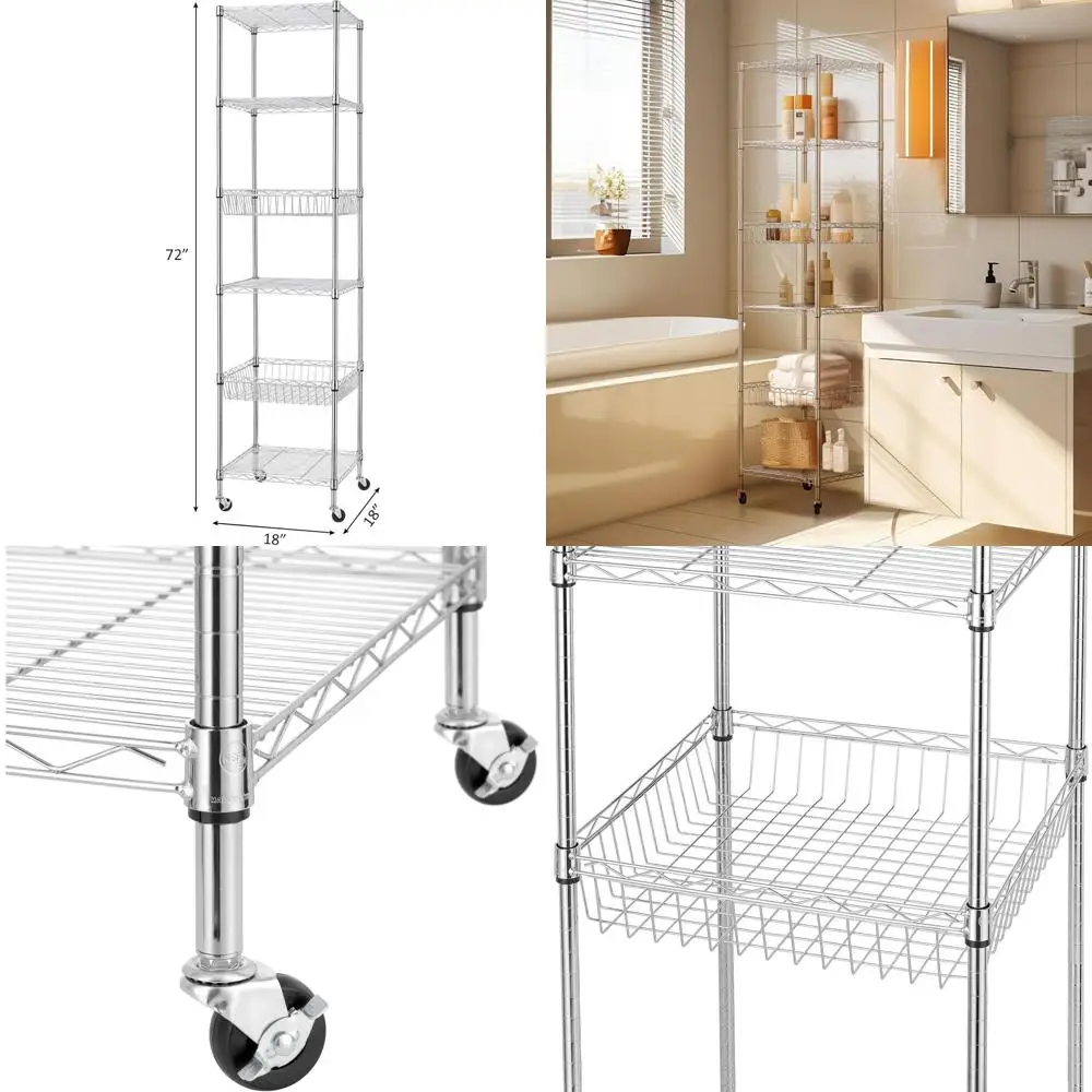 6-Tier Heavy Duty Wire Shelving Unit with Wheels, 18x18x72-inches, Adjustable Steel Storage Rack for Kitchen, Bathroom, or Offic
6-Tier Heavy Duty Wire Shelving Unit with Wheels, 18x18x72-inches, Adjustable Steel Storage Rack for Kitchen, Bathroom, or Offic