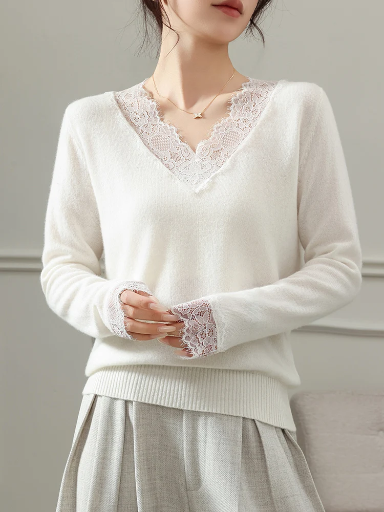 100% Merino Wool Women Lace V-Collar Sweater Spring Autumn Long Sleeve Slim Pullover Solid Knitwear Female Clothing Grace Tops
100% Merino Wool Women Lace V-Collar Sweater Spring Autumn Long Sleeve Slim Pullover Solid Knitwear Female Clothing Grace Tops