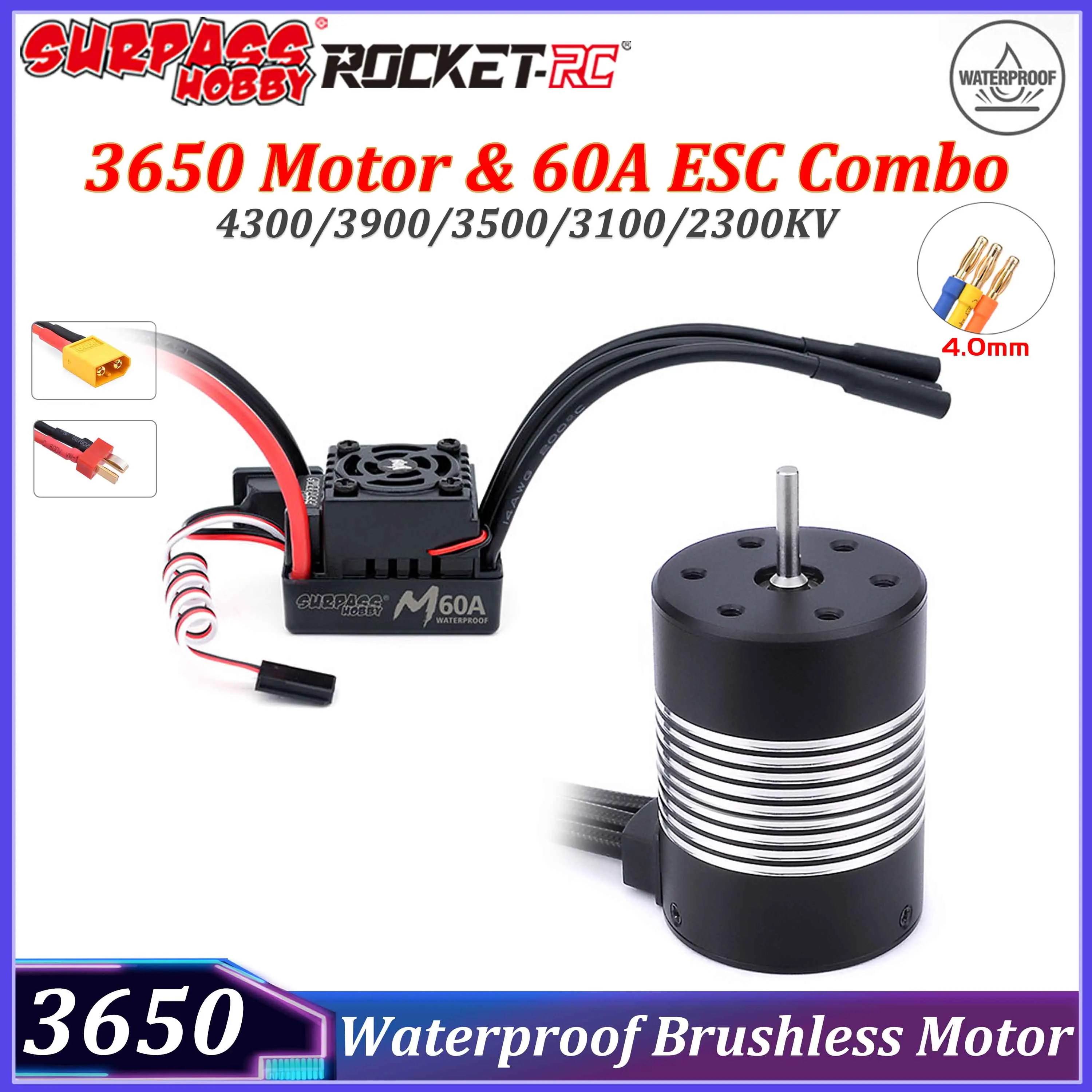 Surpass Hobby Rocket 3650 Waterproof Brushless Motor 4300/3900/3500/3100/2300KV with 60A ESC for 1/10 RC Car Boat Wltoys Part
Surpass Hobby Rocket 3650 Waterproof Brushless Motor 4300/3900/3500/3100/2300KV with 60A ESC for 1/10 RC Car Boat Wltoys Part