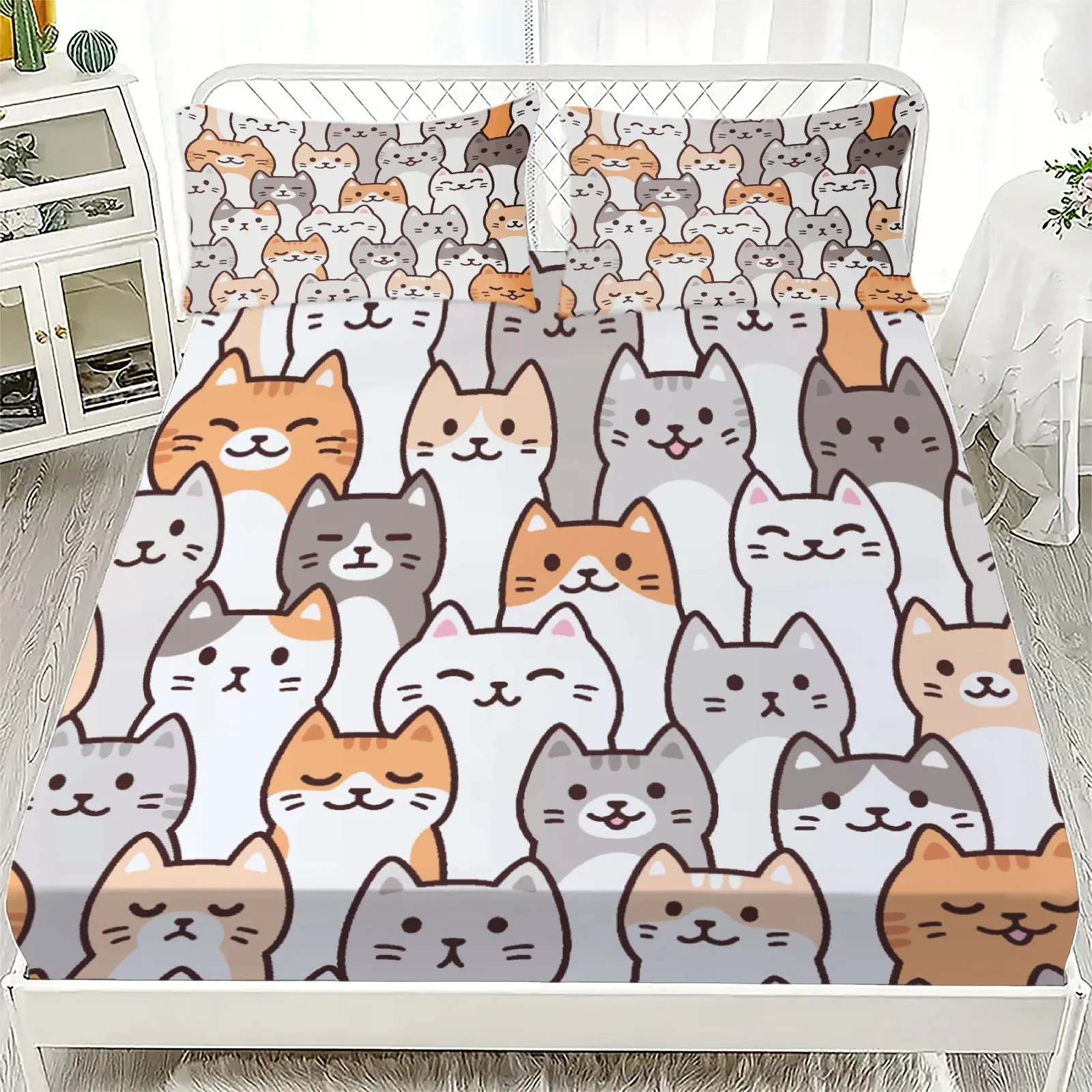 3pcs Fitted Sheet Set Cute Cat Pattern Print Design Easy Care Stain Resistant Bed Sheet With Pillowcases For Bedroom Decor
3pcs Fitted Sheet Set Cute Cat Pattern Print Design Easy Care Stain Resistant Bed Sheet With Pillowcases For Bedroom Decor
